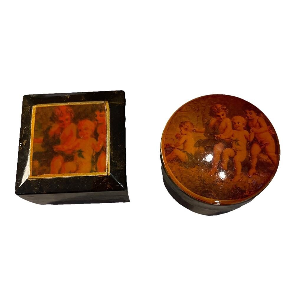 Vintage Set Of 2 Miniature Lacquered Gilded Small Wooden Trinket Boxs Angel’s 2”